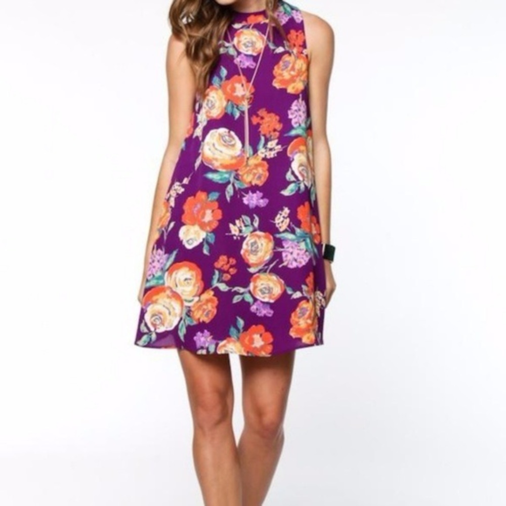 Everly High Neck Purple Floral Print Dress